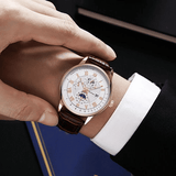 Men's Luxury Luminous Quartz Sport Watch Moon Phase Leather Strap