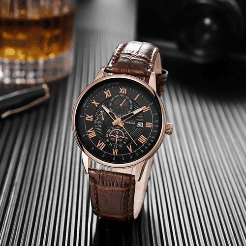 Men's Luxury Luminous Quartz Sport Watch Moon Phase Leather Strap