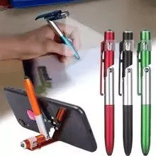 4-in-1 Multifunction Ballpoint Pen 2-Piece Set with LED Light Phone Holder Black