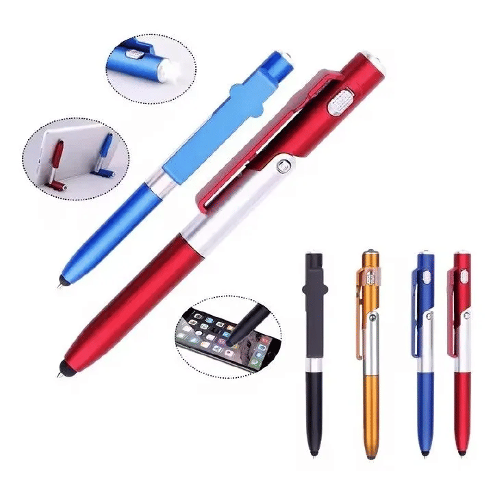 4-in-1 Multifunction Ballpoint Pen 2-Piece Set with LED Light Phone Holder Black