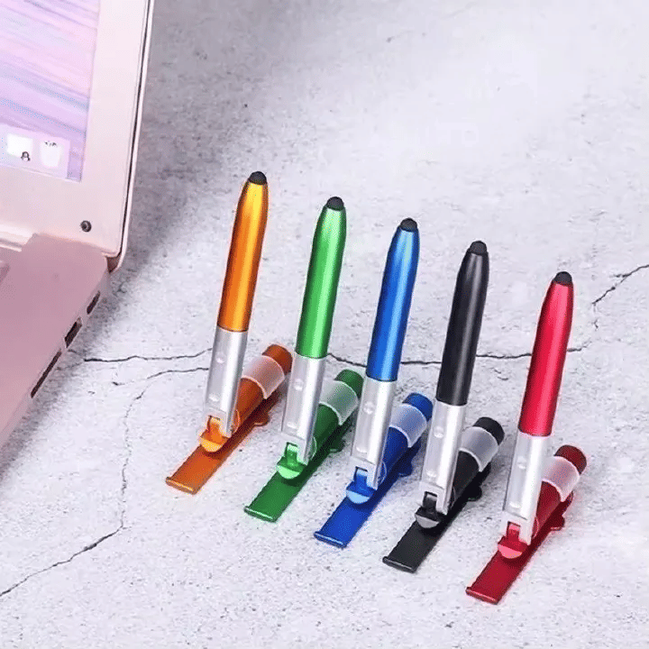 4-in-1 Multifunction Ballpoint Pen 2-Piece Set with LED Light Phone Holder Black
