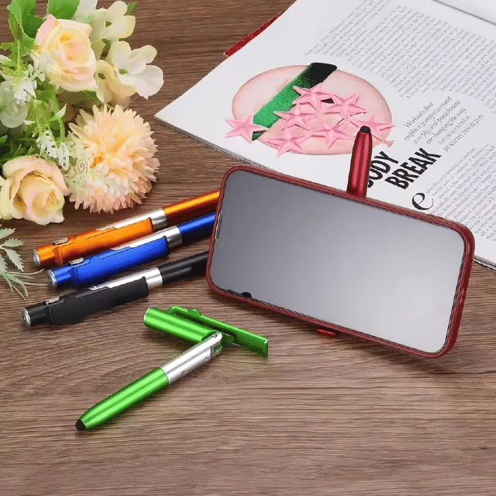 4-in-1 Multifunction Ballpoint Pen 2-Piece Set with LED Light Phone Holder Black