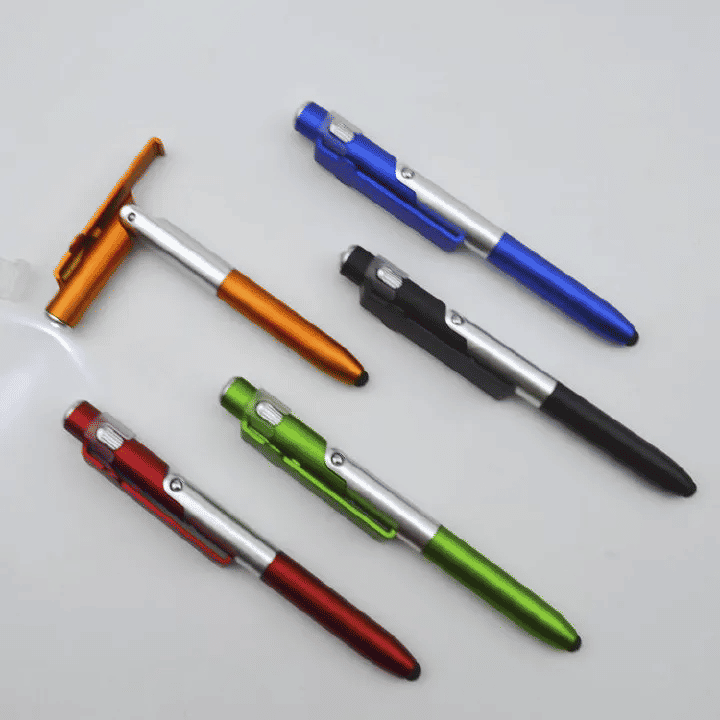 4-in-1 Multifunction Ballpoint Pen 2-Piece Set with LED Light Phone Holder Black