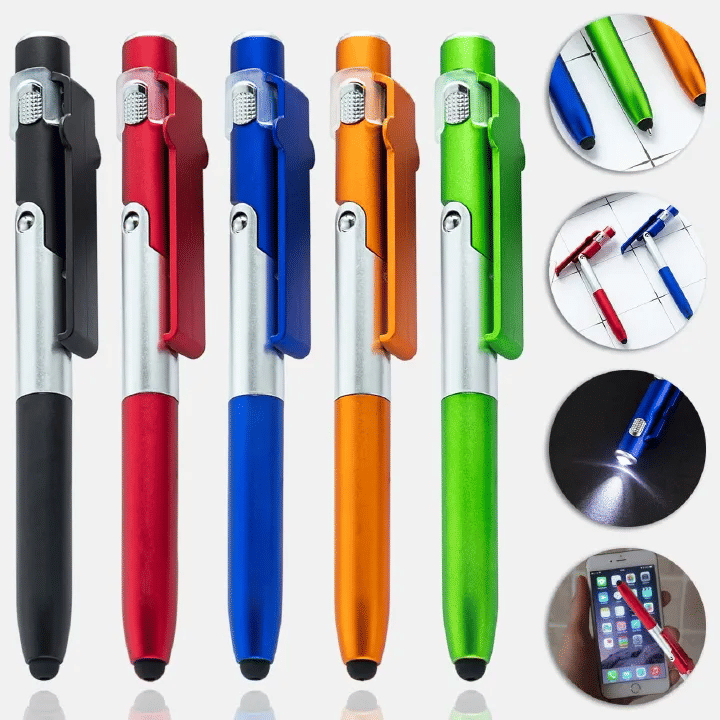 4-in-1 Multifunction Ballpoint Pen 2-Piece Set with LED Light Phone Holder Black
