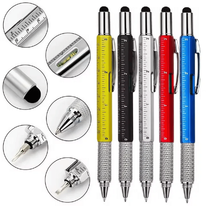 6-in-1 Metal Multi-Function Ballpoint Pen 2-Piece Set Ruler Screwdriver Stylus Tool