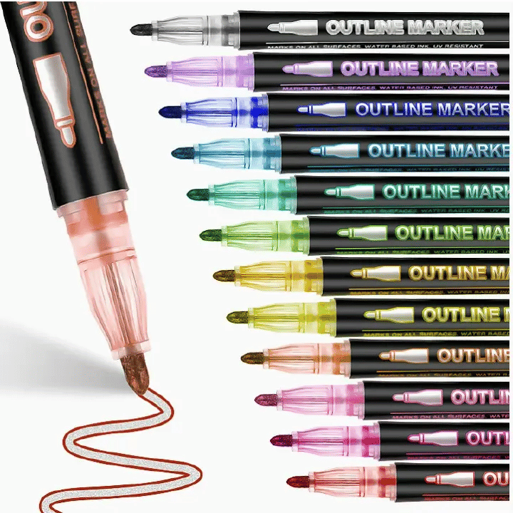 Double-Line Outline Pen 8-Piece Metal Color Marker Set for DIY Handbook Multi
