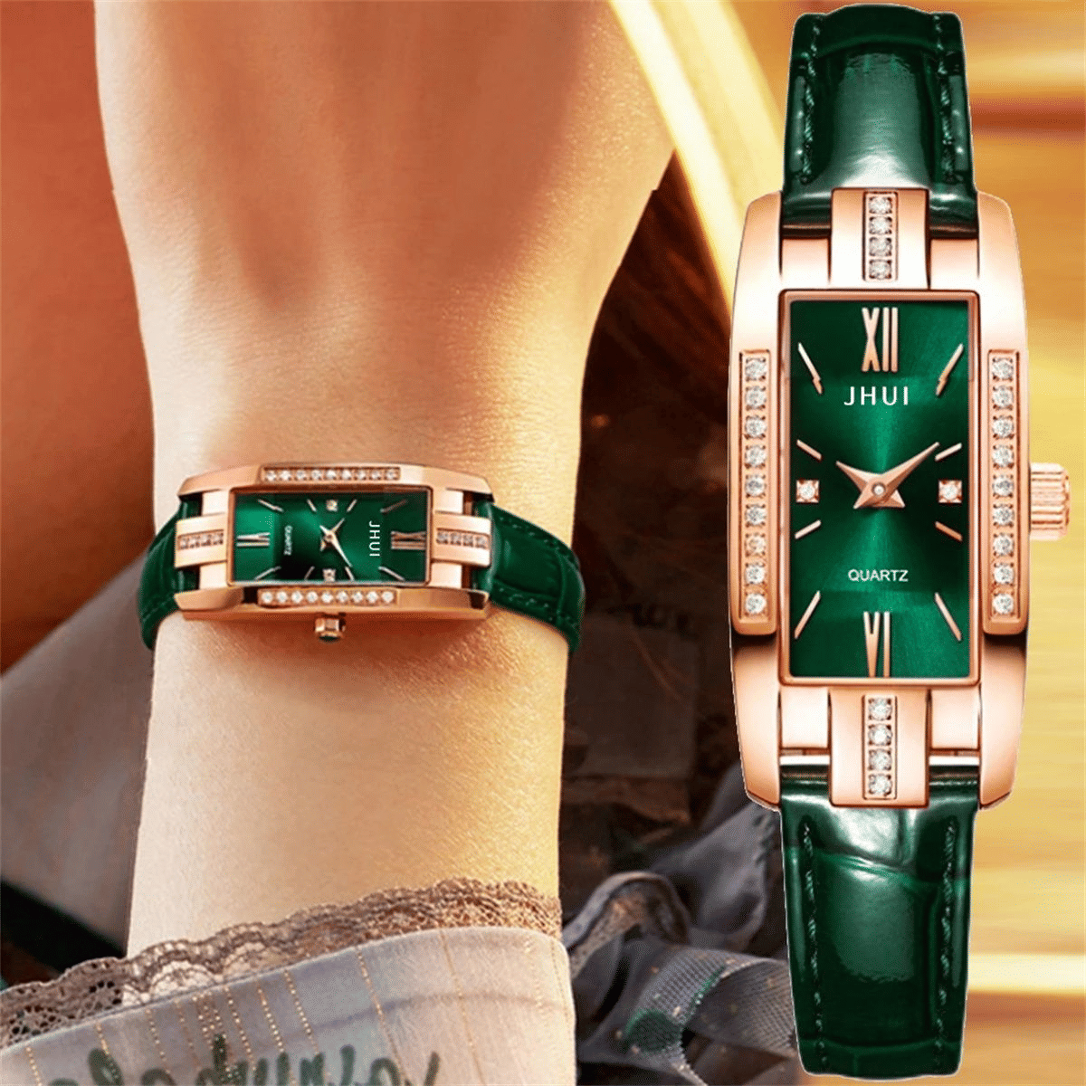 Elegant UPHUI 5-Piece Women's Diamond Square Quartz Watch & Matching Jewelry Set
