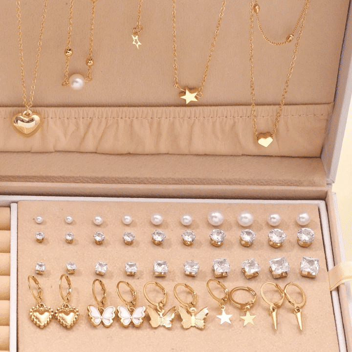 76PCS Luxury Butterfly Jewelry Set Necklace Ring Earring Diamond Pearl Zircon Pendant Women's Daily Gift