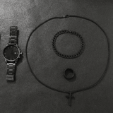 Black Men's 4-Piece Calendar Watch Set with Exquisite Ring Bracelet Necklace