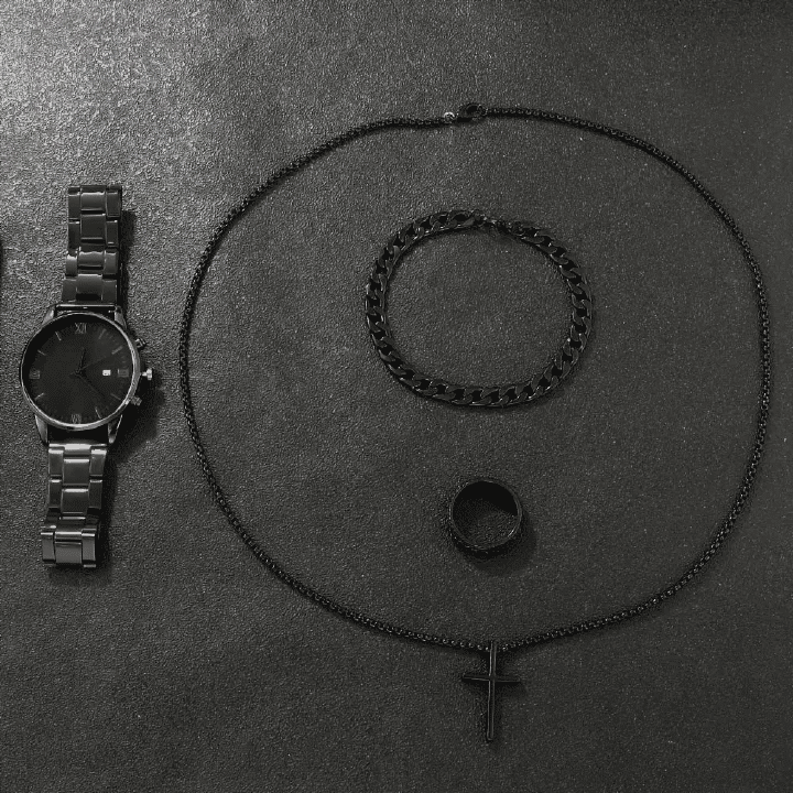 Men's 4-in-1 Watch and Jewelry Set Black Calendar Watch Rings Bracelet Necklace Titanium Steel Cross