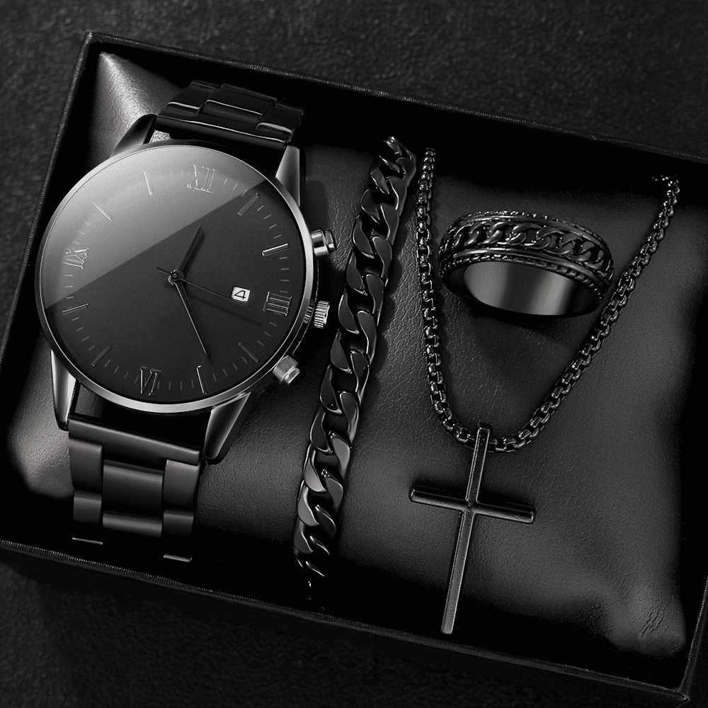 Black Men's 4-Piece Calendar Watch Set with Exquisite Ring Bracelet Necklace