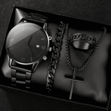 Black Men's 4-Piece Calendar Watch Set with Exquisite Ring Bracelet Necklace