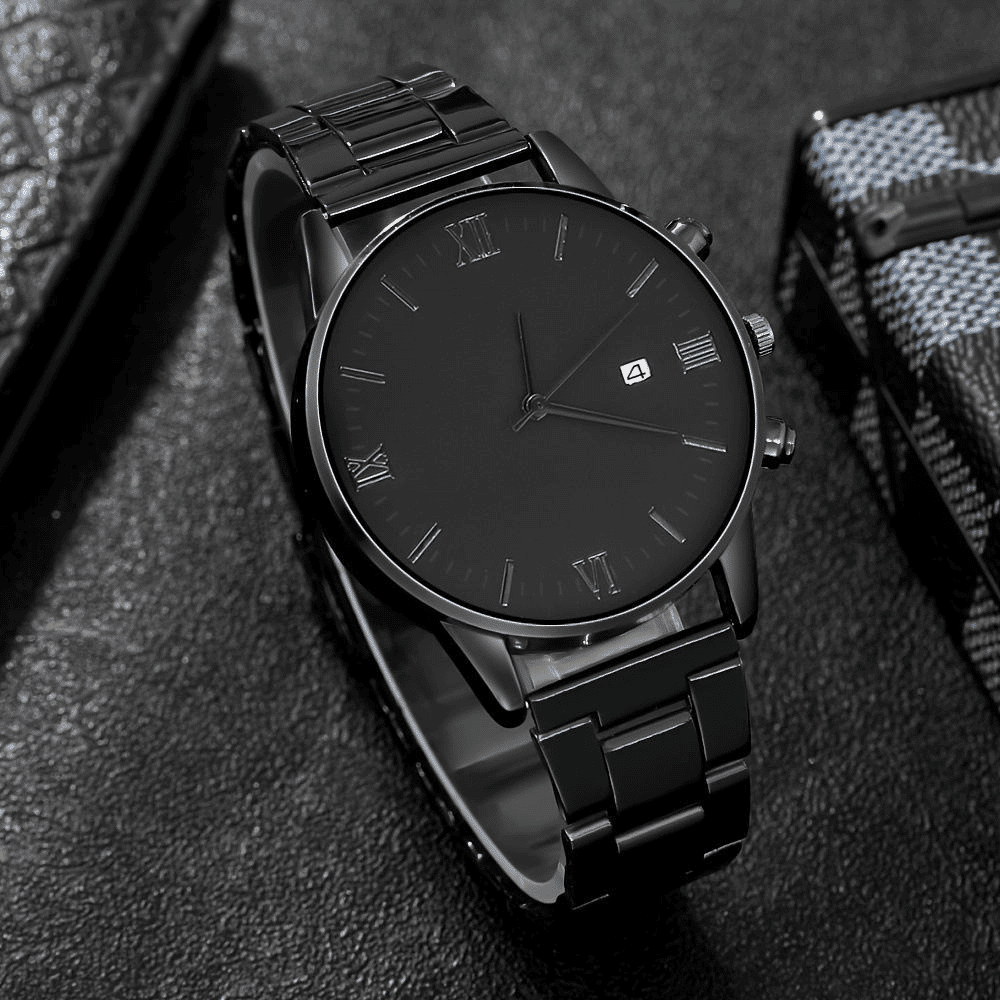 Black Men's 4-Piece Calendar Watch Set with Exquisite Ring Bracelet Necklace