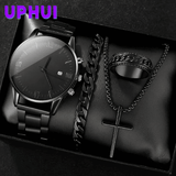 Men's 4-in-1 Watch and Jewelry Set Black Calendar Watch Rings Bracelet Necklace Titanium Steel Cross
