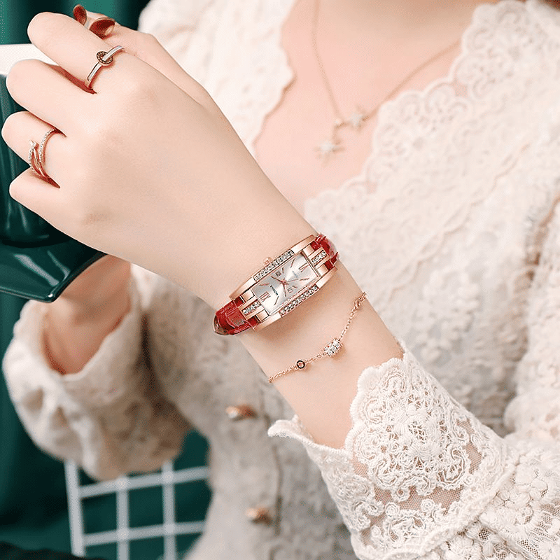 Elegant UPHUI 5-Piece Women's Diamond Square Quartz Watch & Matching Jewelry Set