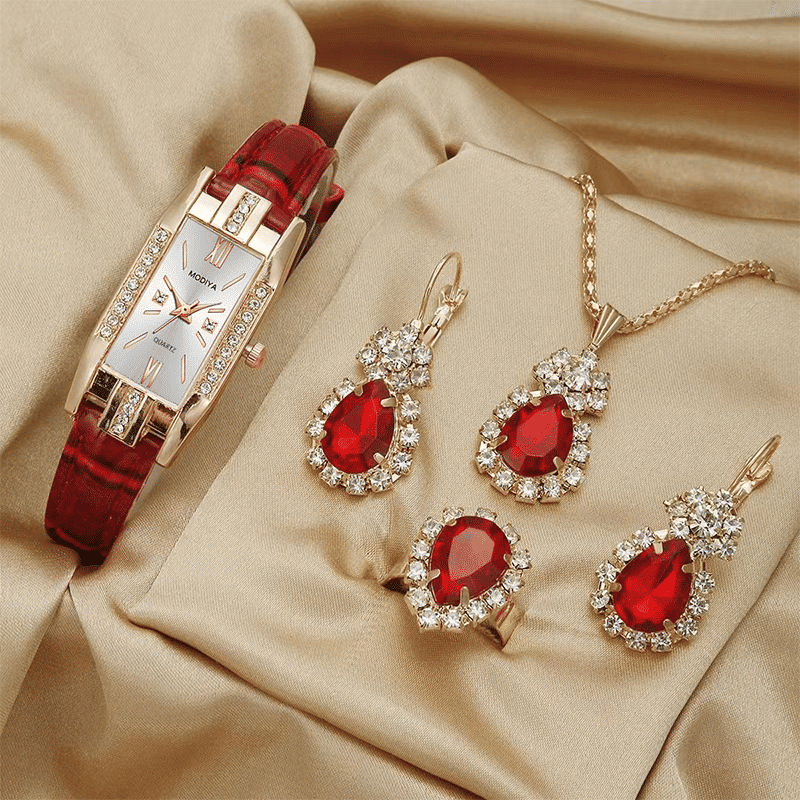 Elegant UPHUI 5-Piece Women's Diamond Square Quartz Watch & Matching Jewelry Set