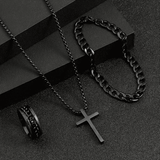 Black Men's 4-Piece Calendar Watch Set with Exquisite Ring Bracelet Necklace