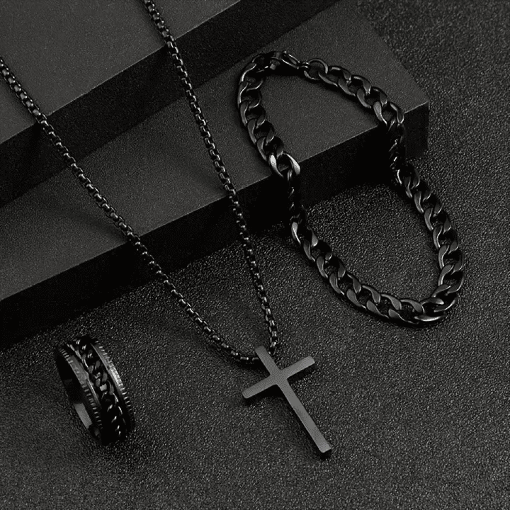 Men's 4-in-1 Watch and Jewelry Set Black Calendar Watch Rings Bracelet Necklace Titanium Steel Cross