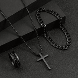 Men's 4-in-1 Watch and Jewelry Set Black Calendar Watch Rings Bracelet Necklace Titanium Steel Cross