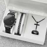 Black Men's 4-Piece Calendar Watch Set with Exquisite Ring Bracelet Necklace