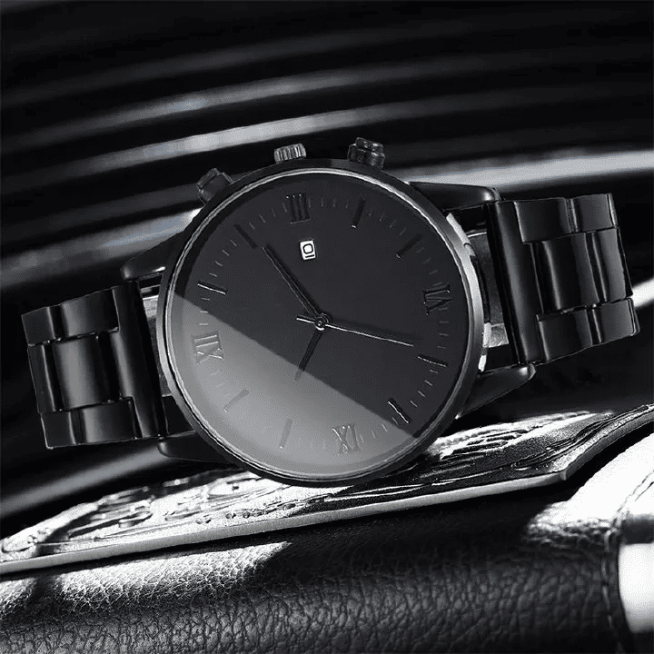 Black Men's 4-Piece Calendar Watch Set with Exquisite Ring Bracelet Necklace