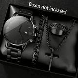 Men's 4-in-1 Watch and Jewelry Set Black Calendar Watch Rings Bracelet Necklace Titanium Steel Cross