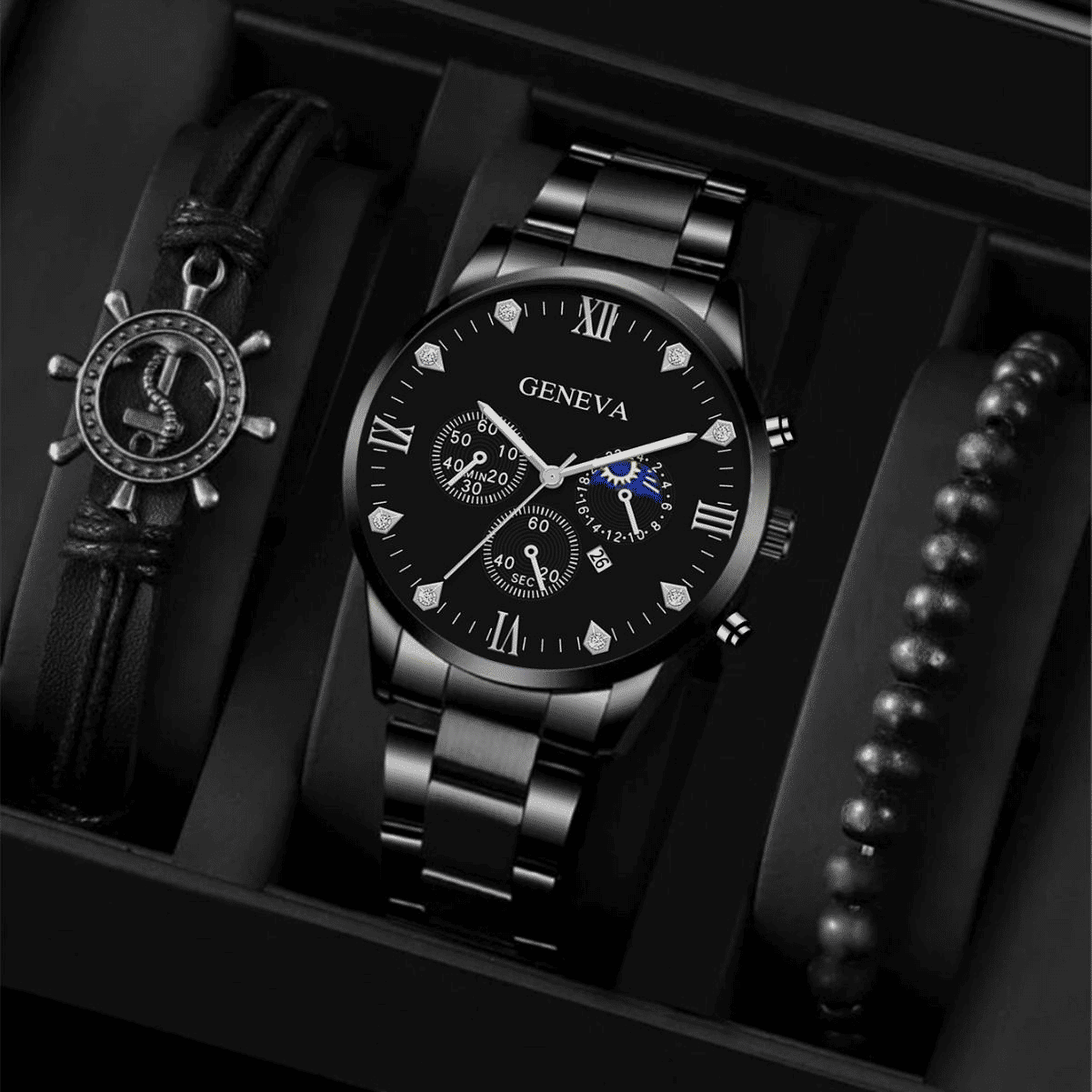 Men's Luxury Quartz Steel Strap Watch and Rudder Bracelet Set