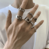 7-Piece Vintage Gothic Rings Set for Men & Women - Dark Spades Love Alloy Jewelry