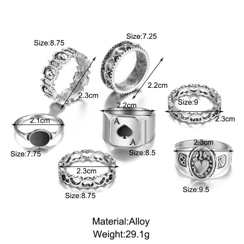 7-Piece Vintage Gothic Rings Set for Men & Women - Dark Spades Love Alloy Jewelry