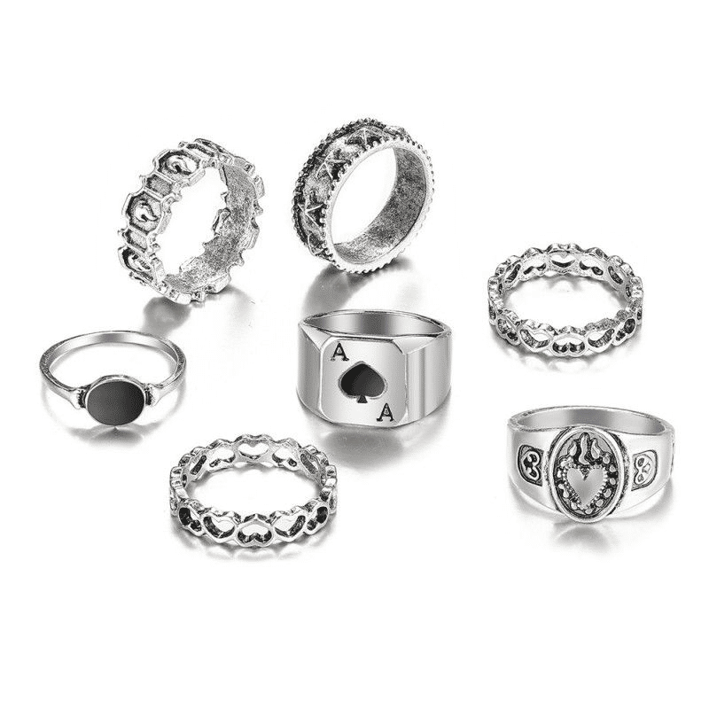 7-Piece Vintage Gothic Rings Set for Men & Women - Dark Spades Love Alloy Jewelry
