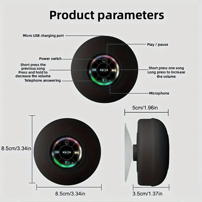 IPX4 Waterproof Mini LED Bathroom Speaker, USB Charging, 5.0 Surround Sound