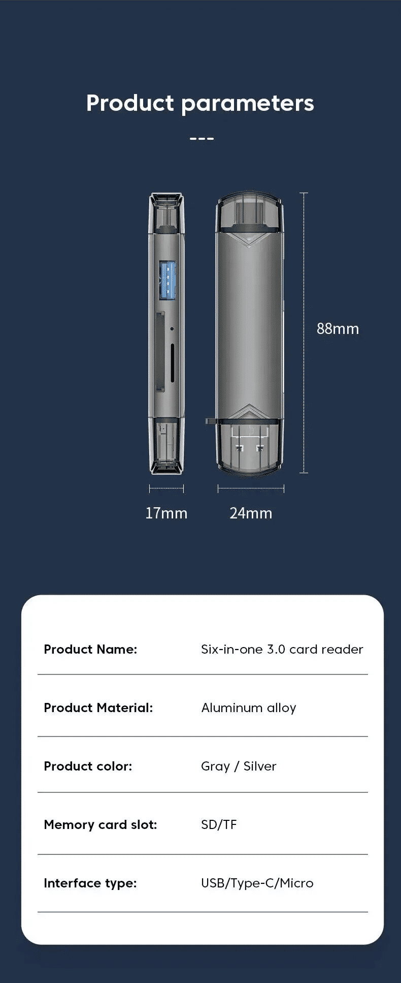 6-in-1 Multifunction USB 3.0 Card Reader Type-C/USB/TF/SD Flash Drive