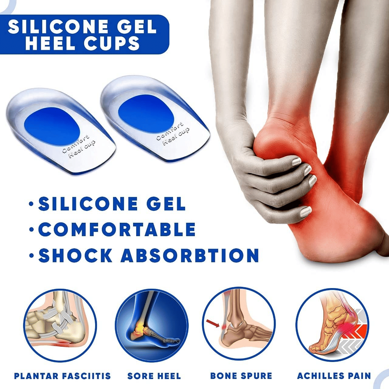 Silicone Gel Heel Cups Shock Absorbing Insoles for Foot Pain