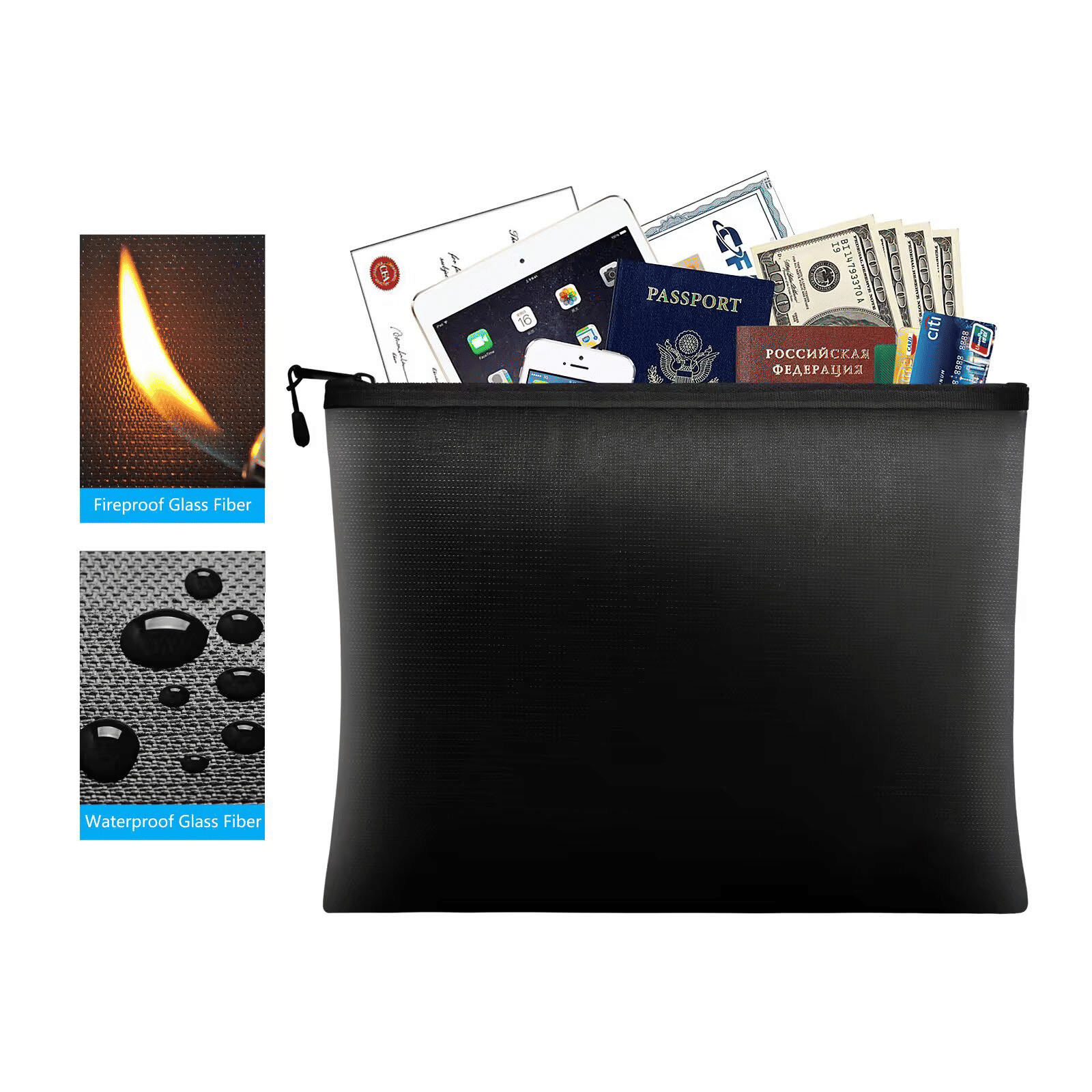 Fireproof & Waterproof A4 Document Storage Bag Fiberglass Pouch Black