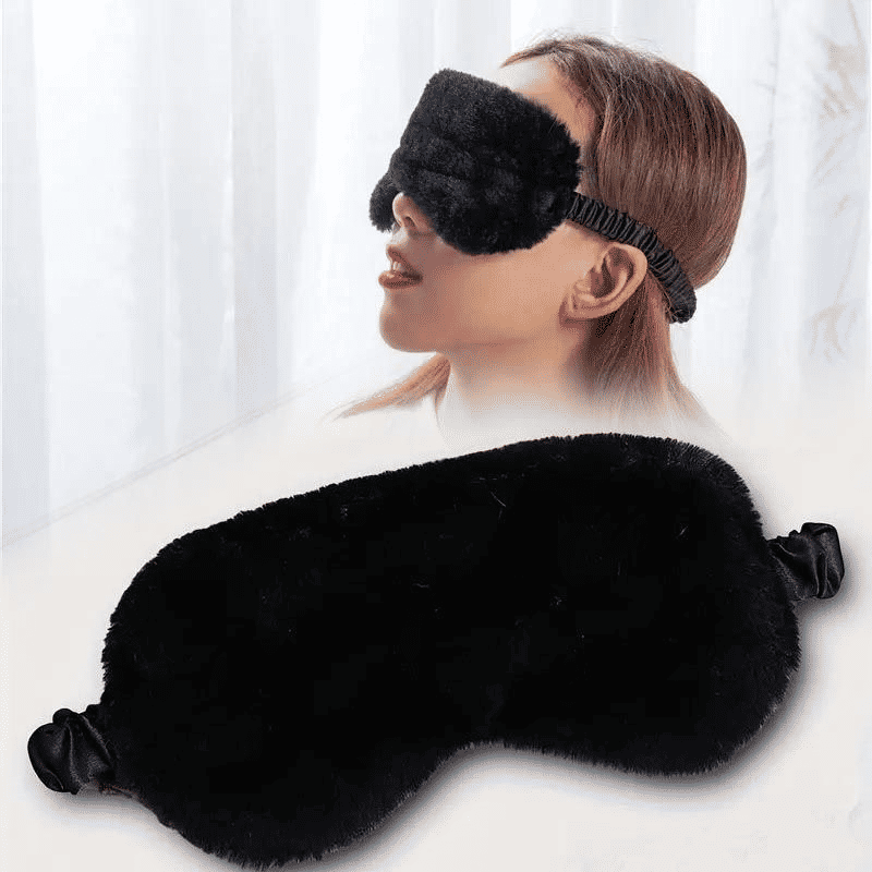 Black Soft Plush Faux Fur Sleeping Mask Smooth Satin Eye Cover