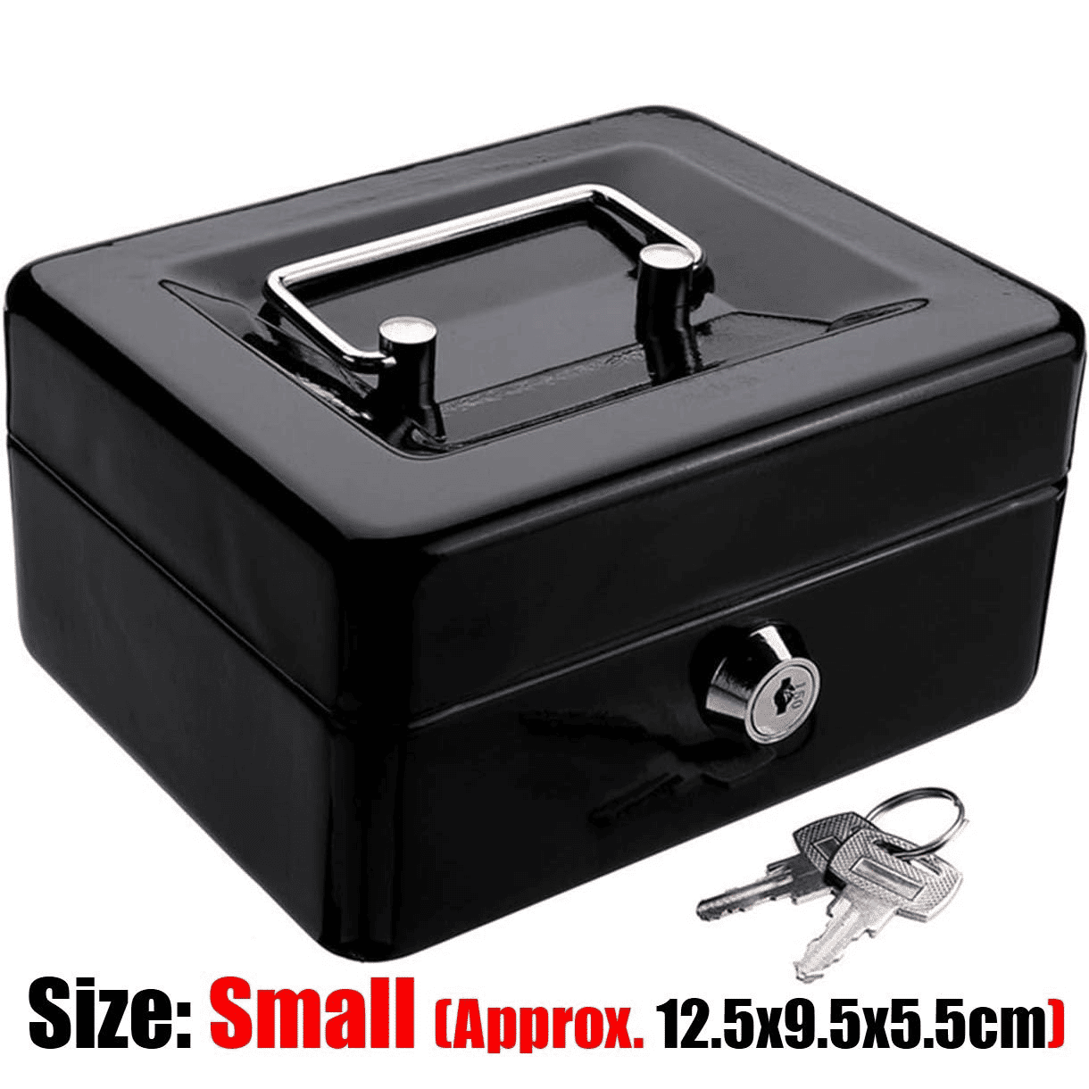 Small Metal Cash Box with Security Tray and Key Black