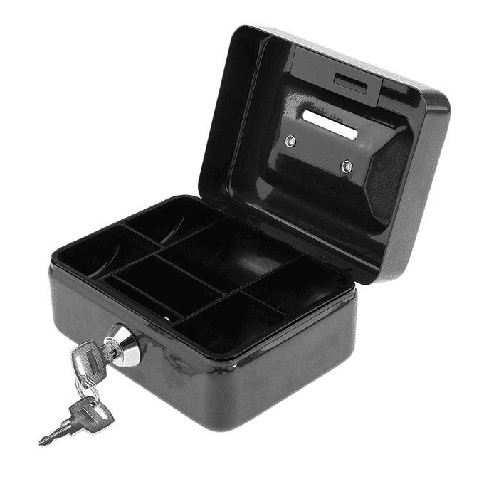 Small Metal Cash Box with Security Tray and Key Black