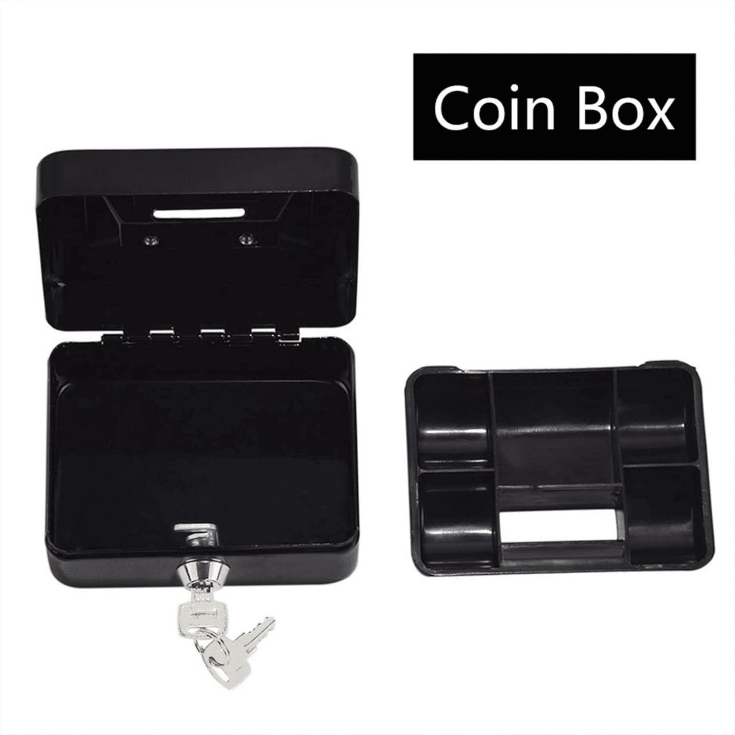 Small Metal Cash Box with Security Tray and Key Black