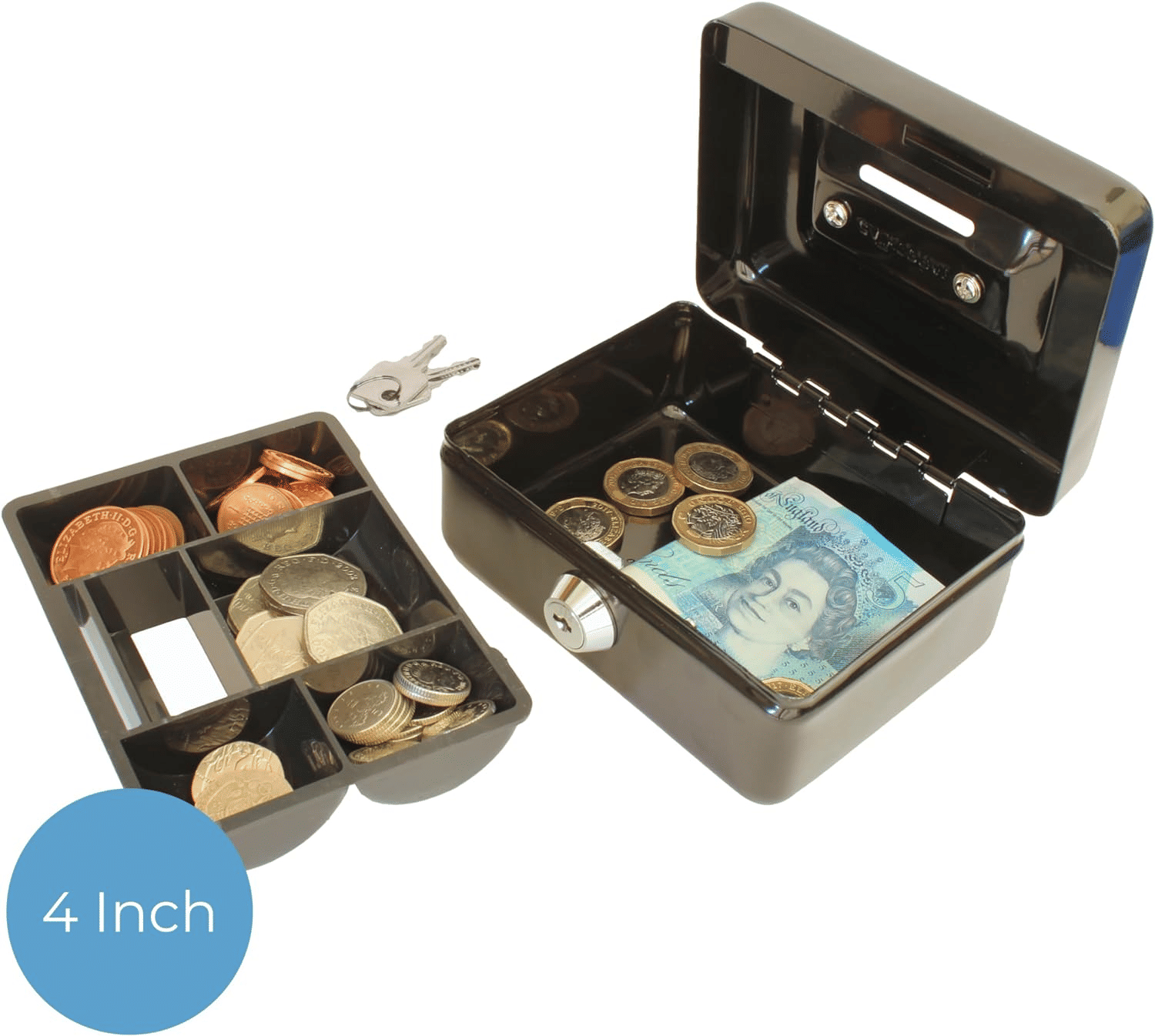 Small Metal Cash Box with Security Tray and Key Black