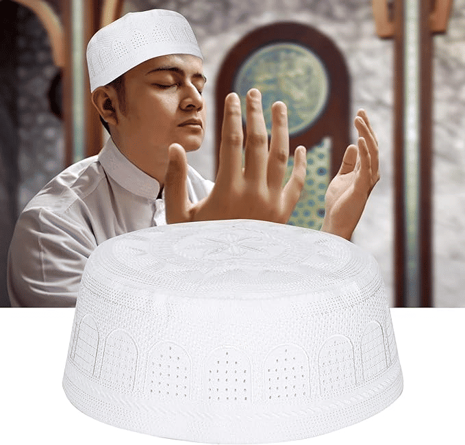 Islamic Muslim Prayer Cap Embroidered Cotton White for Men
