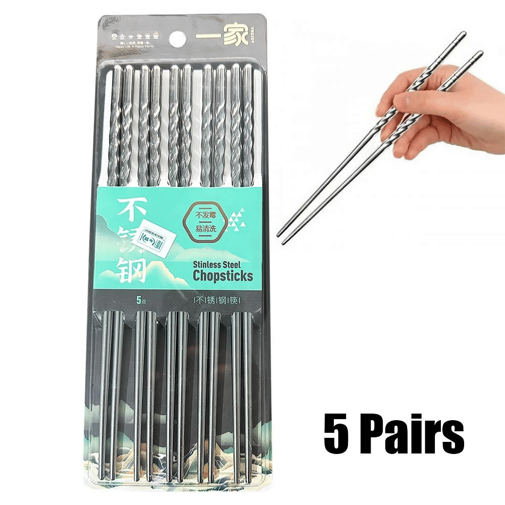 5 Pairs Stainless Steel Reusable Non-Slip Metal Chopsticks Silver