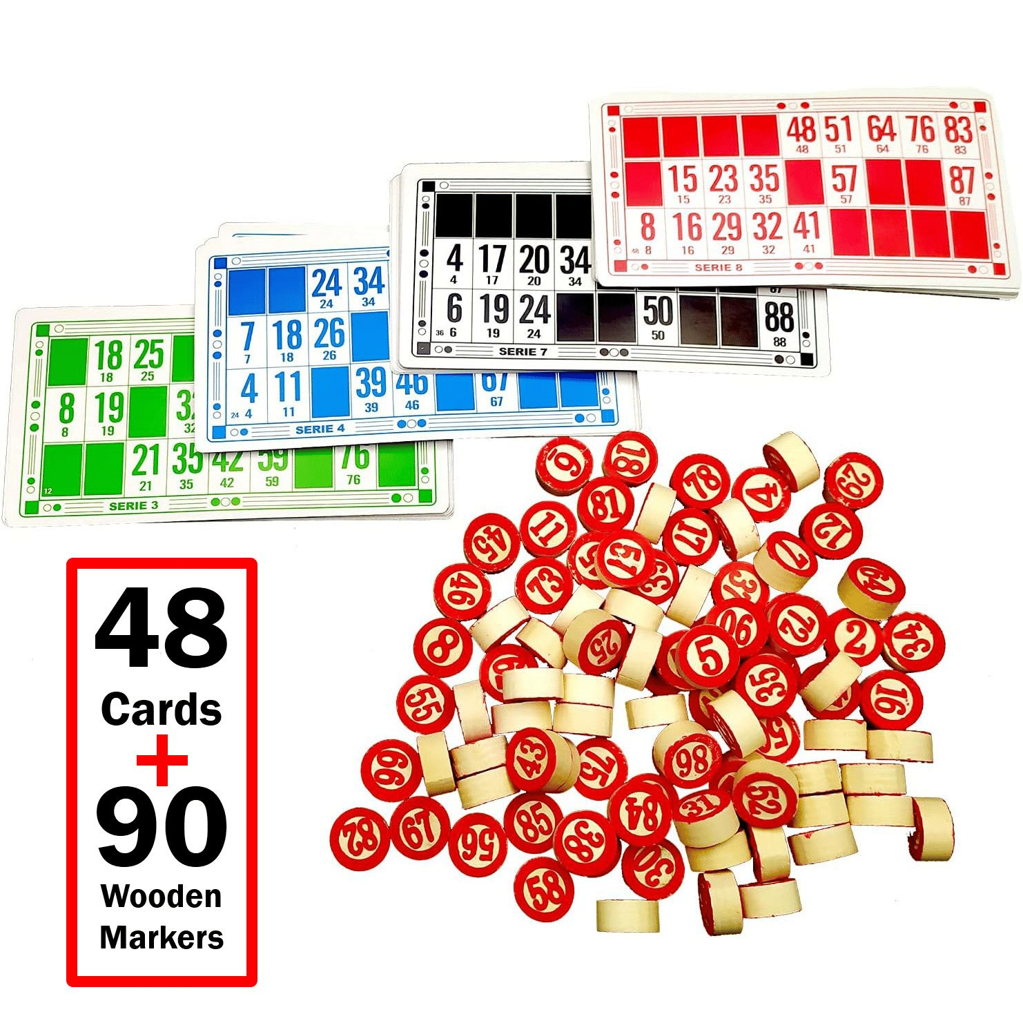 Generic Vintage Bingo Board Game 48 Cards 90 Wooden Markers