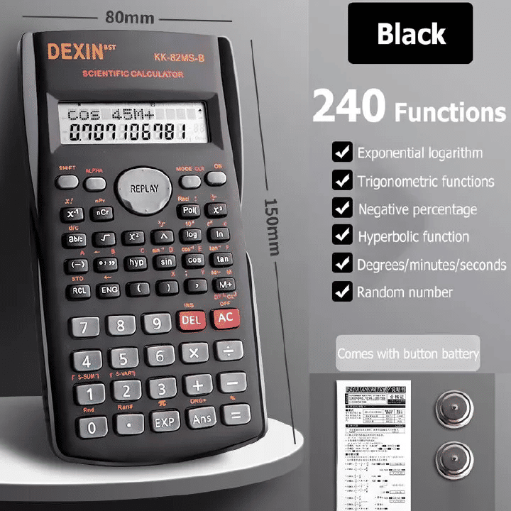Scientific Calculator 240 Functions 2-Line LCD Display Portable Student Math Tool Black