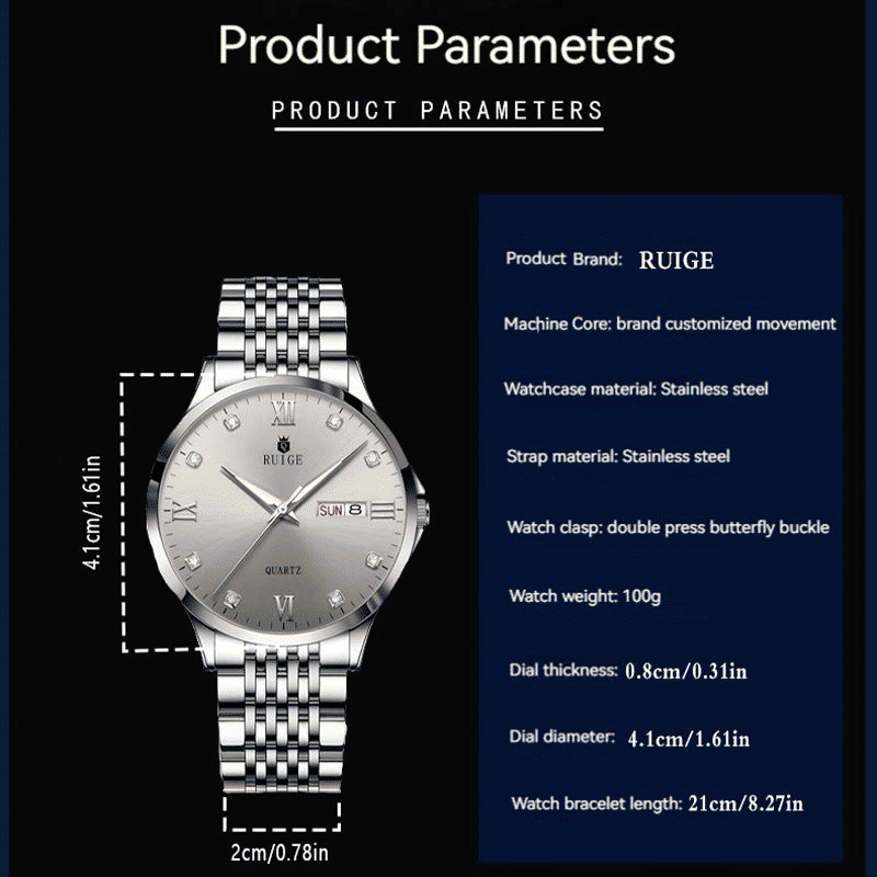 Luxury Men's Stainless Steel Dual Calendar Quartz Business Watch