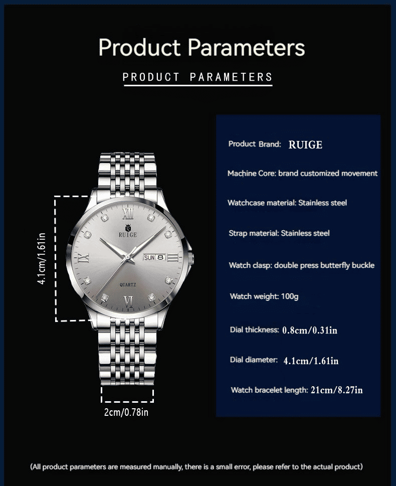 Luxury Men's Stainless Steel Dual Calendar Quartz Business Watch