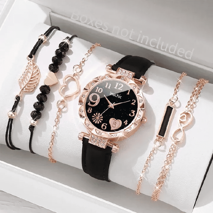 6 In 1 Women's Watch Bracelet Set Heart Dial Leather Band Quartz Leaf Bracelets