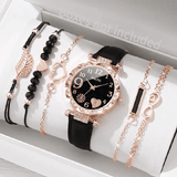 6 In 1 Women's Watch Bracelet Set Heart Dial Leather Band Quartz Leaf Bracelets