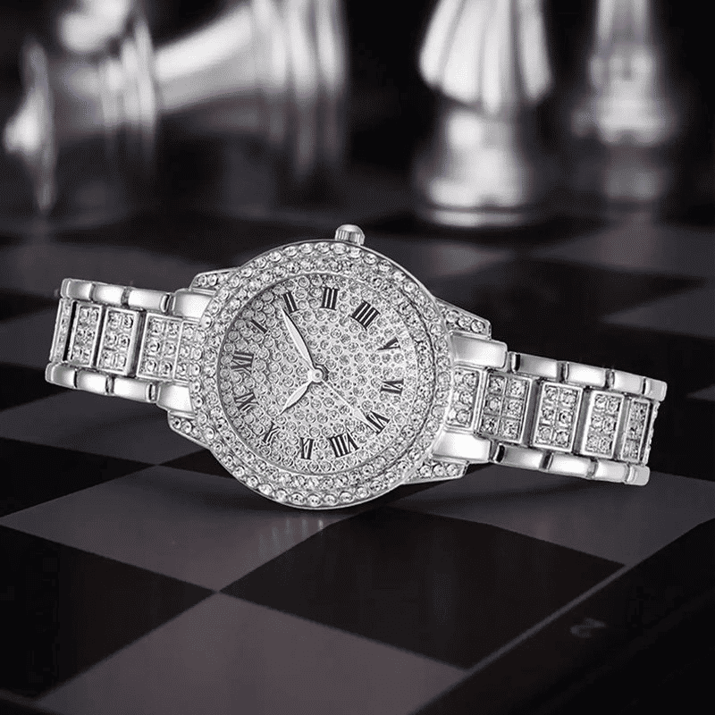 Elegant Women's Diamond Quartz Watch & Jewelry Set - Ring, Necklace, Earrings, Bracelet