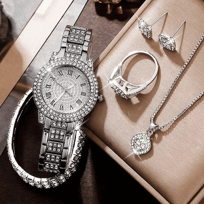 Generic Women's Diamond Fashion Wristwatch 6-Piece Jewelry Set
