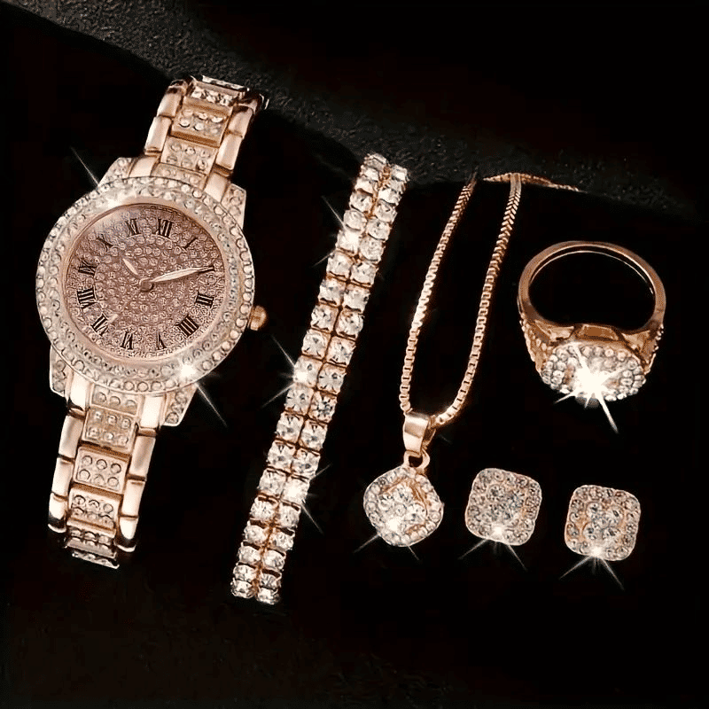 Generic Women's Diamond Fashion Wristwatch 6-Piece Jewelry Set